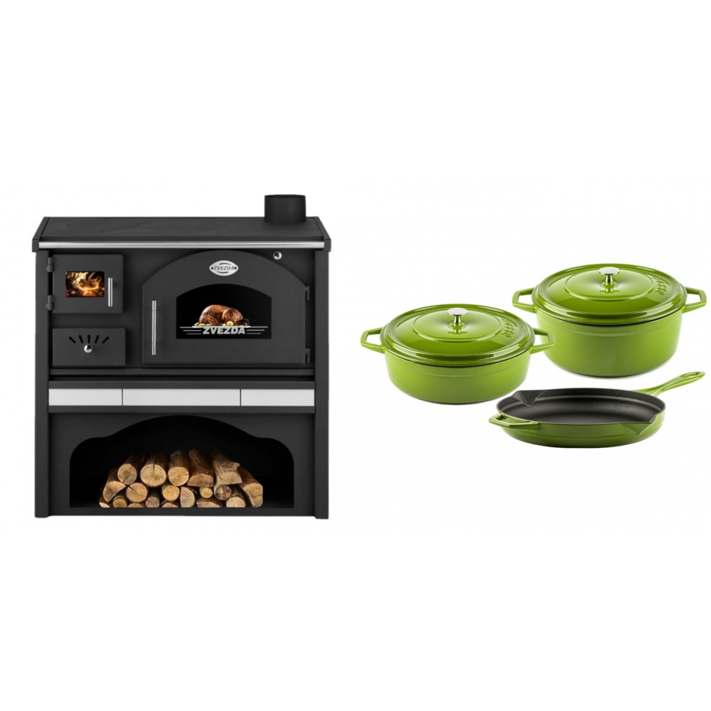 Set Küchenofen / Küchenhexe mit Backofen und Kochplatte Zvezda, Modell Classic GFS Keramik, Leistung 5.9 kW + Gusseisen Topf Set aus 3 teilen Solagio, Bamboo