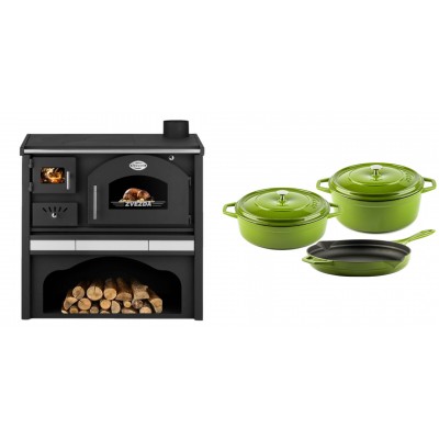 Set Küchenofen / Küchenhexe mit Backofen und Kochplatte Zvezda, Modell Classic GFS Keramik, Leistung 5.9 kW + Gusseisen Topf Set aus 3 teilen Solagio, Bamboo - Kaminofen - Holzofen mit Backfach