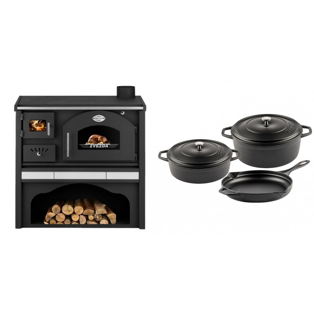 Set Küchenofen / Küchenhexe mit Backofen und Kochplatte Zvezda, Modell Classic GFS Keramik, Leistung 5.9 kW + Gusseisen Topf Set aus 3 teilen Solagio, Black Onyx | Kaminofen - Holzofen mit Backfach | Kaminofen |