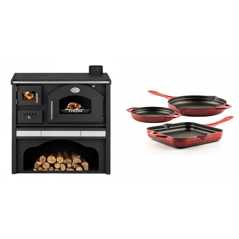 Set Küchenofen / Küchenhexe mit Backofen und Kochplatte Zvezda, Modell Classic GFS Keramik, Leistung 5.9 kW + Gusseisen Topf Set aus 3 teilen Solagio, Rubin