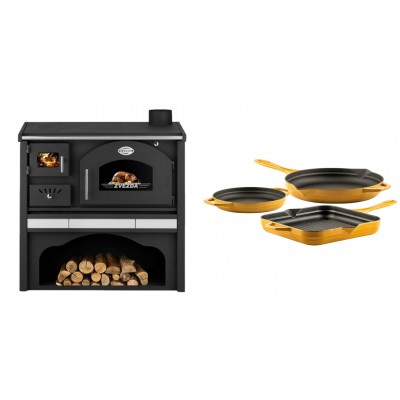 Set Küchenofen / Küchenhexe mit Backofen und Kochplatte Zvezda, Modell Classic GFS Keramik, Leistung 5.9 kW + Gusseisen Topf Set aus 3 teilen Solagio, Dijon - Kaminofen - Holzofen mit Backfach