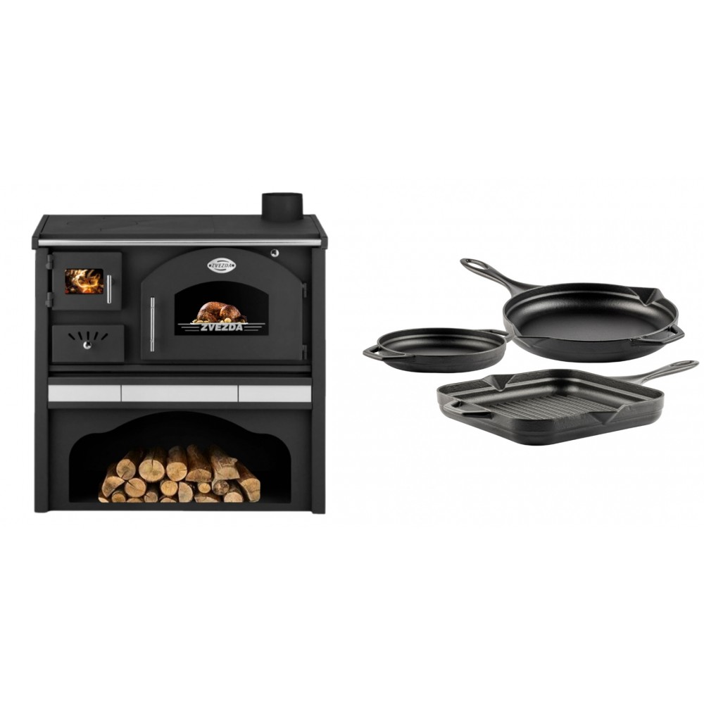 Set Küchenofen / Küchenhexe mit Backofen und Kochplatte Zvezda, Modell Classic GFS Keramik, Leistung 5.9 kW + Gusseisen Topf Set aus 3 teilen Solagio, Black Onyx