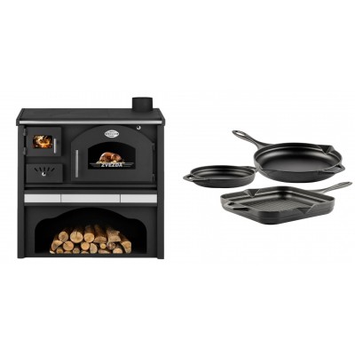 Set Küchenofen / Küchenhexe mit Backofen und Kochplatte Zvezda, Modell Classic GFS Keramik, Leistung 5.9 kW + Gusseisen Topf Set aus 3 teilen Solagio, Black Onyx - Kaminofen - Holzofen mit Backfach