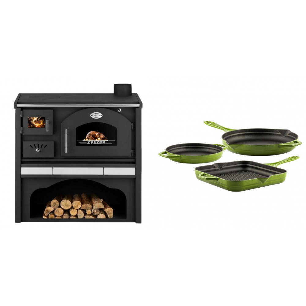 Set Küchenofen / Küchenhexe mit Backofen und Kochplatte Zvezda, Modell Classic GFS Keramik, Leistung 5.9 kW + Gusseisen Topf Set aus 3 teilen Solagio, Bamboo