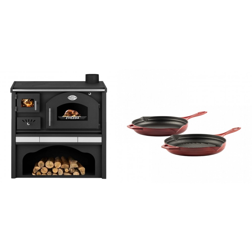 Set Küchenofen / Küchenhexe mit Backofen und Kochplatte Zvezda, Modell Classic GFS Keramik, Leistung 5.9 kW + Gusseisen Topf Set aus 2 teilen Solagio, Rubin | Kaminofen - Holzofen mit Backfach | Kaminofen |