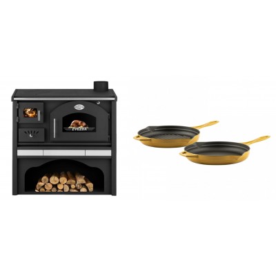 Set Küchenofen / Küchenhexe mit Backofen und Kochplatte Zvezda, Modell Classic GFS Keramik, Leistung 5.9 kW + Gusseisen Topf Set aus 2 teilen Solagio, Dijon - Kaminofen - Holzofen mit Backfach