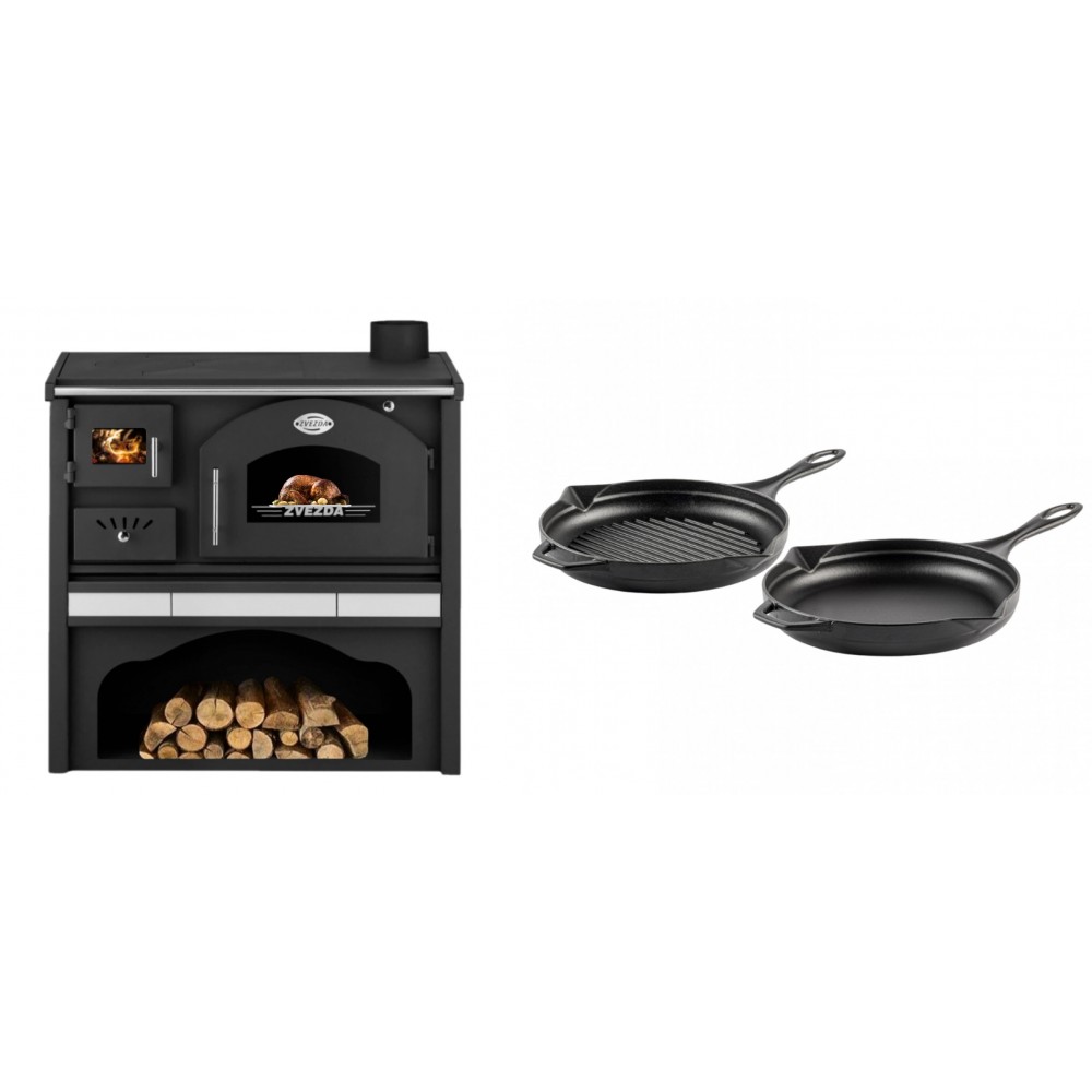 Set Küchenofen / Küchenhexe mit Backofen und Kochplatte Zvezda, Modell Classic GFS Keramik, Leistung 5.9 kW + Gusseisen Topf Set aus 2 teilen Solagio, Black Onyx