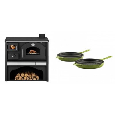 Set Küchenofen / Küchenhexe mit Backofen und Kochplatte Zvezda, Modell Classic GFS Keramik, Leistung 5.9 kW + Gusseisen Topf Set aus 2 teilen Solagio, Bamboo - Kaminofen - Holzofen mit Backfach
