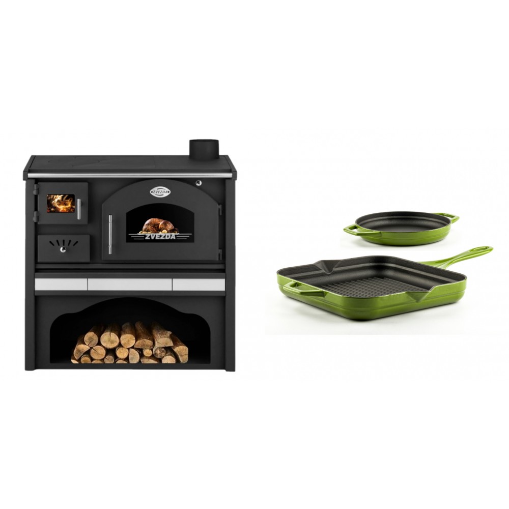 Set Küchenofen / Küchenhexe mit Backofen und Kochplatte Zvezda, Modell Classic GFS Keramik, Leistung 5.9 kW + Gusseisen Topf Set aus 2 teilen Solagio, Bamboo | Kaminofen - Holzofen mit Backfach | Kaminofen |