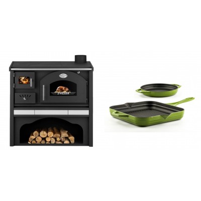 Set Küchenofen / Küchenhexe mit Backofen und Kochplatte Zvezda, Modell Classic GFS Keramik, Leistung 5.9 kW + Gusseisen Topf Set aus 2 teilen Solagio, Bamboo - Kaminofen - Holzofen mit Backfach