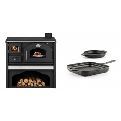 Set Küchenofen / Küchenhexe mit Backofen und Kochplatte Zvezda, Modell Classic GFS Keramik, Leistung 5.9 kW + Gusseisen Topf Set aus 2 teilen Solagio, Black Onyx - Kaminofen - Holzofen mit Backfach