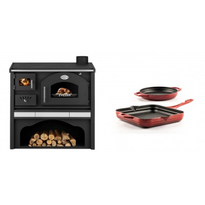 Set Küchenofen / Küchenhexe mit Backofen und Kochplatte Zvezda, Modell Classic GFS Keramik, Leistung 5.9 kW + Gusseisen Topf Set aus 2 teilen Solagio, Rubin - Kaminofen - Holzofen mit Backfach