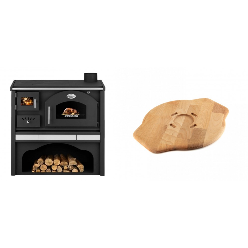 Set Küchenofen / Küchenhexe mit Backofen und Kochplatte Zvezda, Modell Classic GFS Keramik, Leistung 5.9 kW + Holz untersetzer für Gusseisenplatte Solagio HSYSAK28 | Kaminofen - Holzofen mit Backfach | Kaminofen |