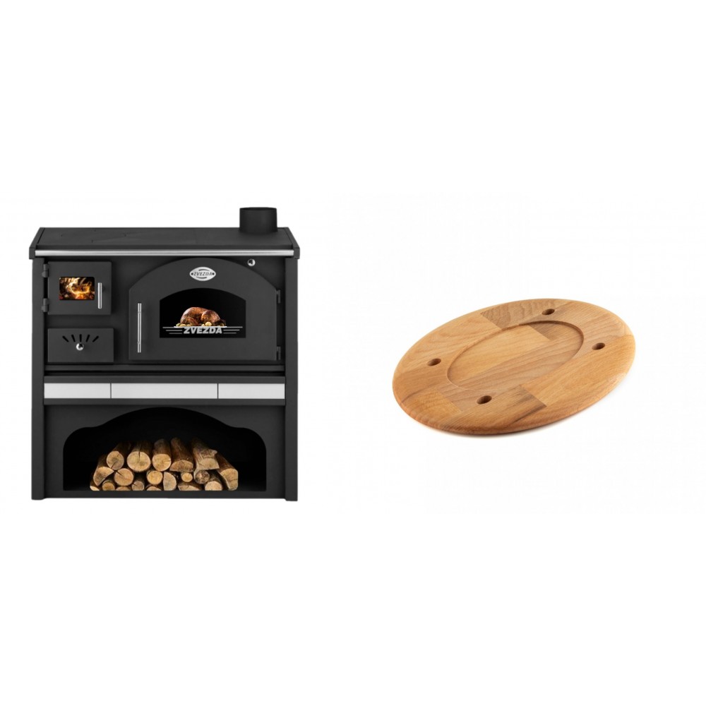 Set Küchenofen / Küchenhexe mit Backofen und Kochplatte Zvezda, Modell Classic GFS Keramik, Leistung 5.9 kW + Holz untersetzer für ovale platte Solagio HSOISK1728, 17x28cm