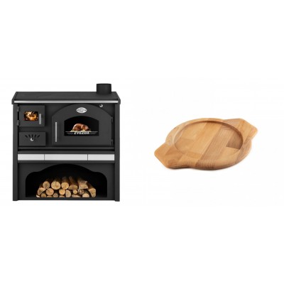 Set Küchenofen / Küchenhexe mit Backofen und Kochplatte Zvezda, Modell Classic GFS Keramik, Leistung 5.9 kW + Holz untersetzer für gusseisenschüssel Solagio HSYKTV22 - Kaminofen - Holzofen mit Backfach