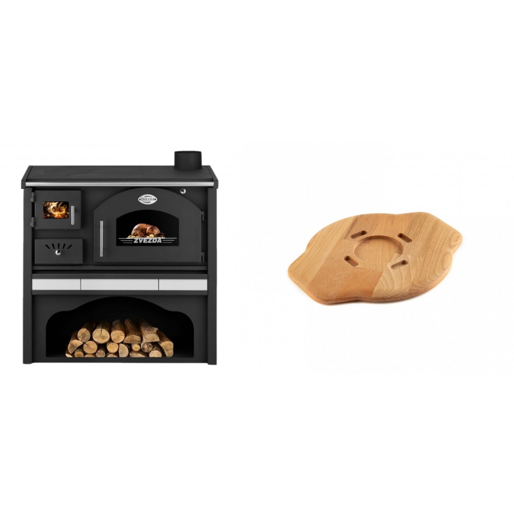 Set Küchenofen / Küchenhexe mit Backofen und Kochplatte Zvezda, Modell Classic GFS Keramik, Leistung 5.9 kW + Holz untersetzer für gusseisenplatte Solagio HSYSAK20 | Kaminofen - Holzofen mit Backfach | Kaminofen |