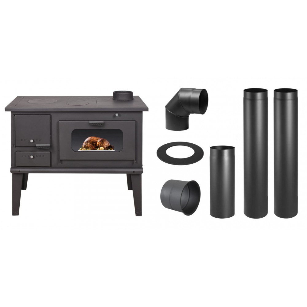 Set Küchenofen / Küchenhexe mit Backofen und Kochplatte Balkan Energy, Modell 4014, Leistung 7.9kW + Schornstein Bausatz PARKANEX, Stahl Ø150, Dicke 2mm | Kaminofen - Holzofen mit Backfach | Kaminofen |
