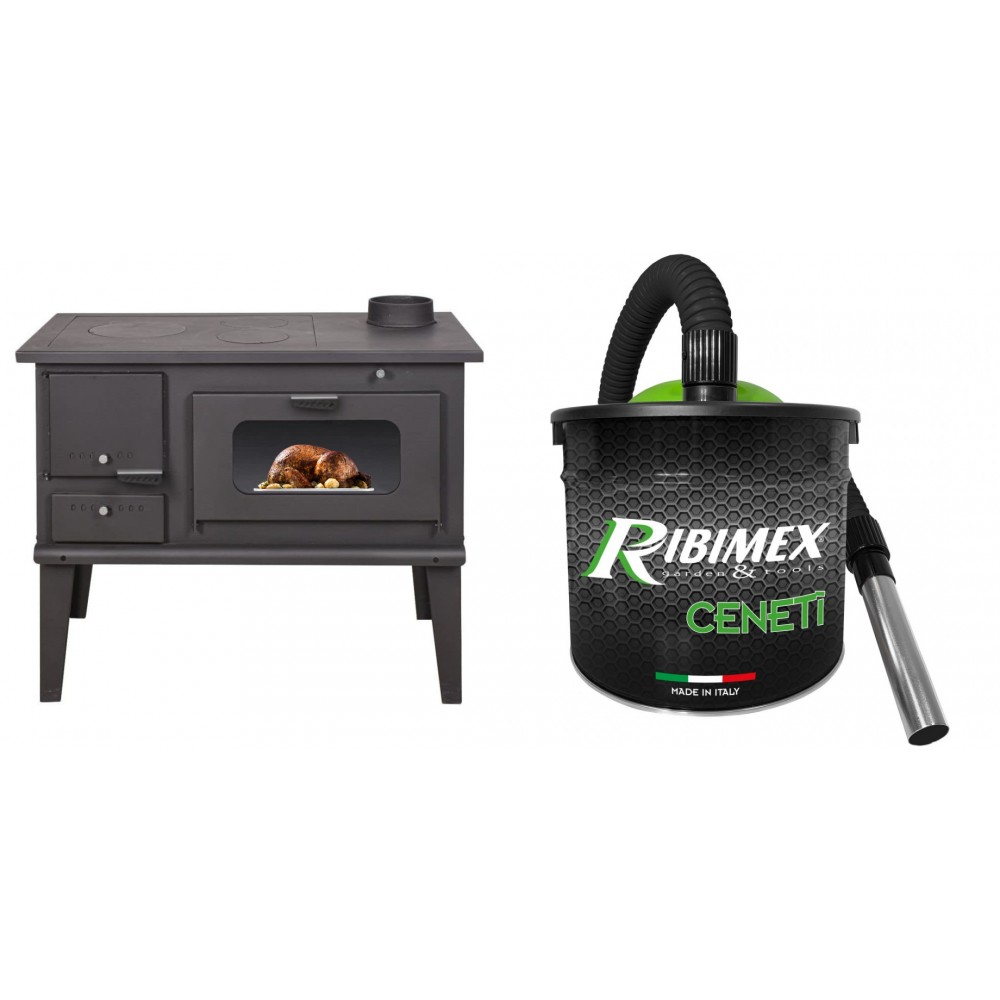 Set Küchenofen / Küchenhexe mit Backofen und Kochplatte Balkan Energy, Modell 4014, Leistung 7.9kW + Elektrischer Aschesauger Ribimex, Modell Cenetì, Fassungsvermögen 15 L | Kaminofen - Holzofen mit Backfach | Kaminofen |