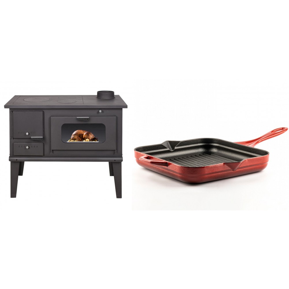 Set Küchenofen / Küchenhexe mit Backofen und Kochplatte Balkan Energy, Modell 4014, Leistung 7.9kW + Emaillierte grillpfanne Gusseisen Solagio, Rubin, 28x28cm