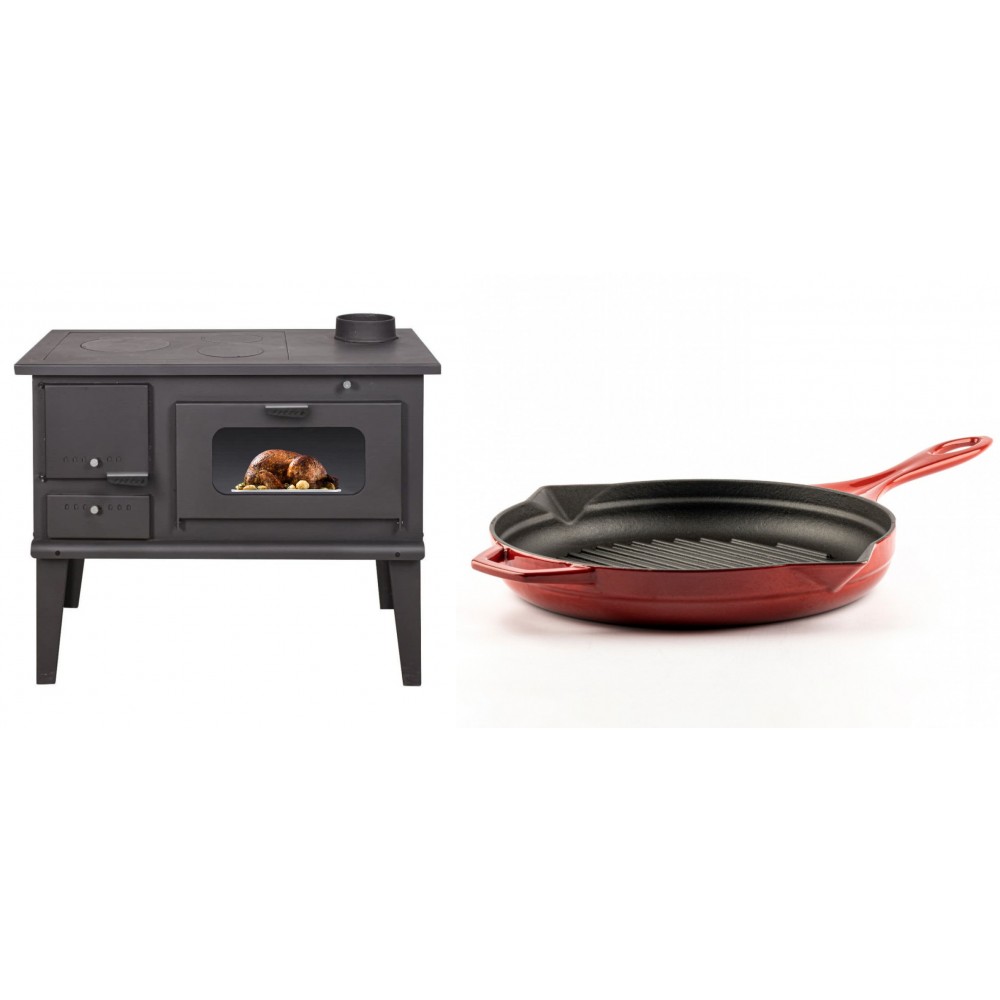 Set Küchenofen / Küchenhexe mit Backofen und Kochplatte Balkan Energy, Modell 4014, Leistung 7.9kW + Emaillierte grillpfanne Gusseisen Solagio, Rubin, Ф28cm