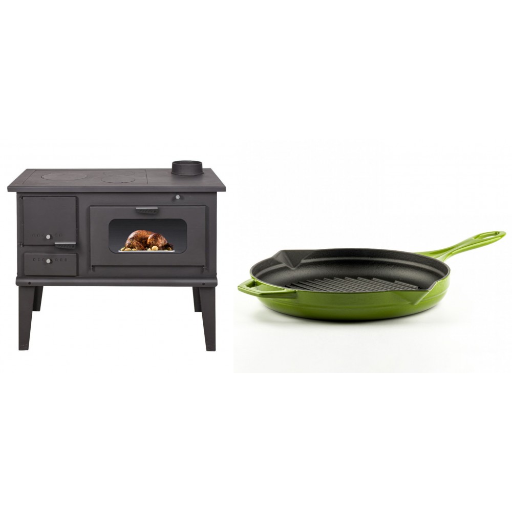 Set Küchenofen / Küchenhexe mit Backofen und Kochplatte Balkan Energy, Modell 4014, Leistung 7.9kW + Emaillierte grillpfanne Gusseisen Solagio, Bamboo, Ф28cm | Kaminofen - Holzofen mit Backfach | Kaminofen |