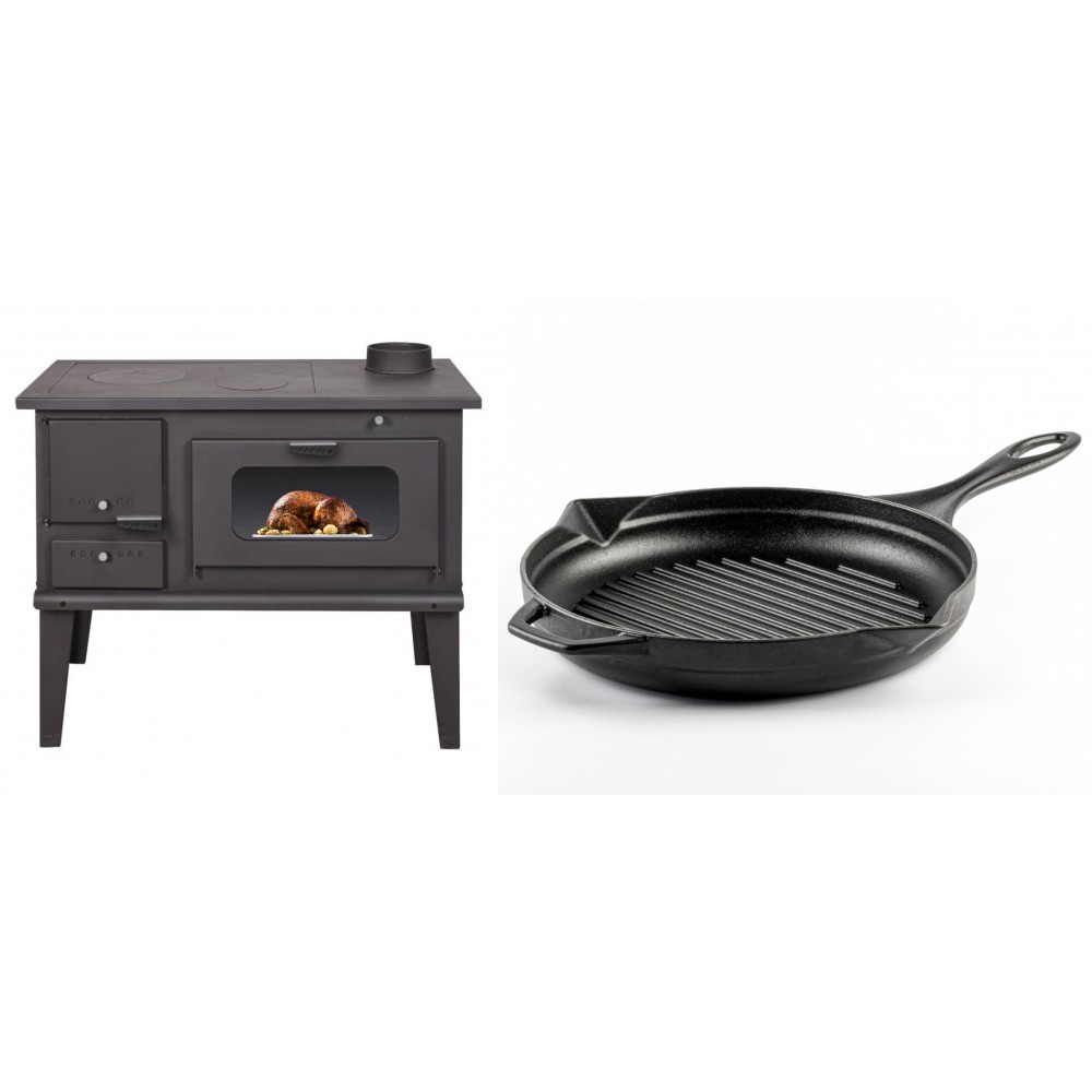 Set Küchenofen / Küchenhexe mit Backofen und Kochplatte Balkan Energy, Modell 4014, Leistung 7.9kW + Emaillierte grillpfanne Gusseisen Solagio, Black Onyx, Ф28cm | Kaminofen - Holzofen mit Backfach | Kaminofen |