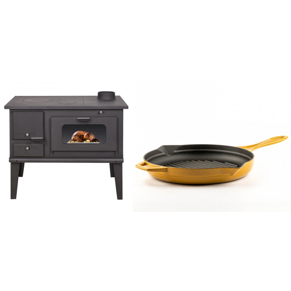 Set Küchenofen / Küchenhexe mit Backofen und Kochplatte Balkan Energy, Modell 4014, Leistung 7.9kW + Emaillierte grillpfanne Gusseisen Solagio, Dijon, Ф28cm