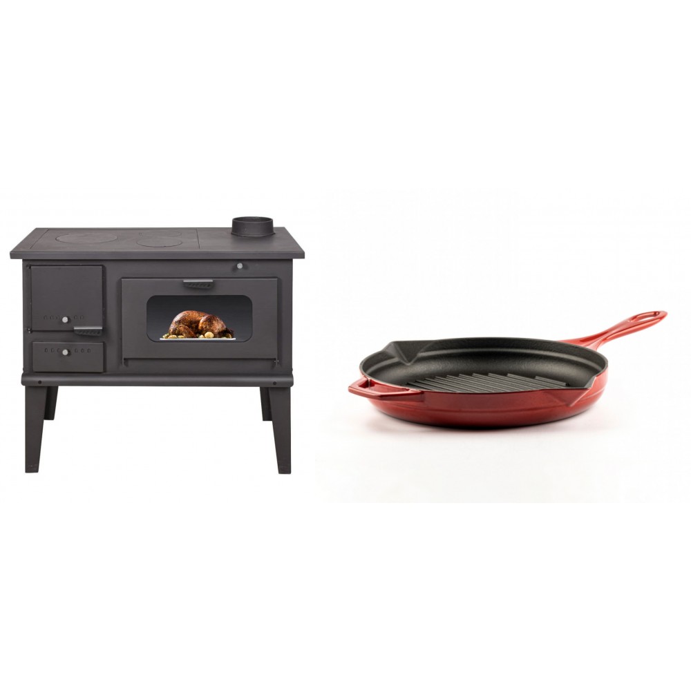 Set Küchenofen / Küchenhexe mit Backofen und Kochplatte Balkan Energy, Modell 4014, Leistung 7.9kW + Emaillierte grillpfanne Gusseisen Solagio, Rubin, Ф24cm | Kaminofen - Holzofen mit Backfach | Kaminofen |