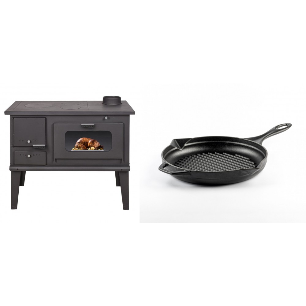Set Küchenofen / Küchenhexe mit Backofen und Kochplatte Balkan Energy, Modell 4014, Leistung 7.9kW + Emaillierte grillpfanne Gusseisen Solagio, Black Onyx, Ф24cm | Kaminofen - Holzofen mit Backfach | Kaminofen |