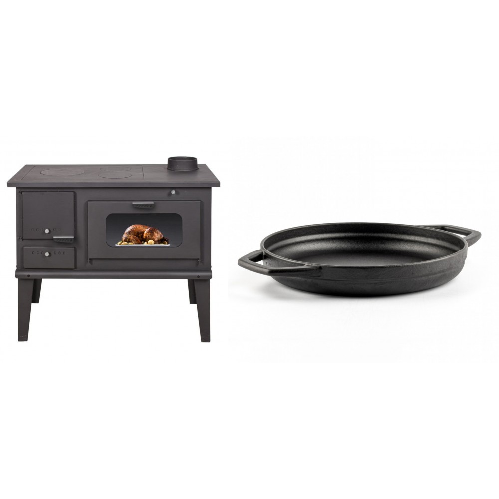 Set Küchenofen / Küchenhexe mit Backofen und Kochplatte Balkan Energy, Modell 4014, Leistung 7.9kW + Emaillierte gusseisenpfanne mit zwei Griffen Solagio, Black Onyx, Ф22cm