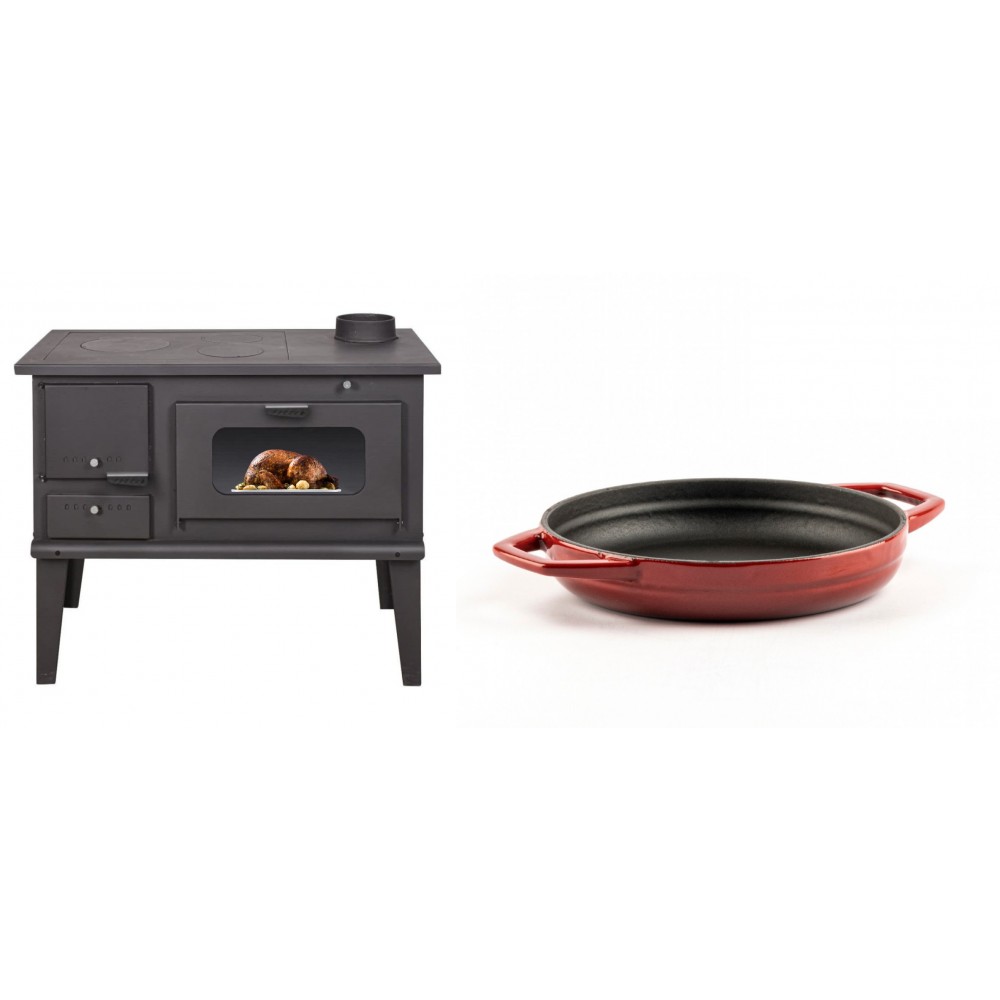 Set Küchenofen / Küchenhexe mit Backofen und Kochplatte Balkan Energy, Modell 4014, Leistung 7.9kW + Emaillierte gusseisenpfanne mit zwei Griffen Solagio, Rubin, Ф19cm | Kaminofen - Holzofen mit Backfach | Kaminofen |