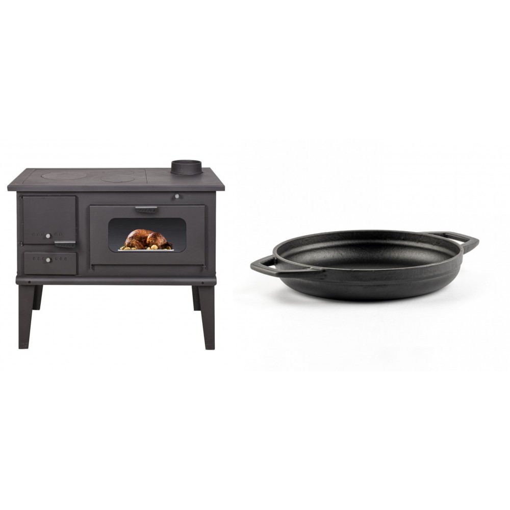 Set Küchenofen / Küchenhexe mit Backofen und Kochplatte Balkan Energy, Modell 4014, Leistung 7.9kW + Emaillierte gusseisenpfanne mit zwei Griffen Solagio, Black Onyx, Ф19cm | Kaminofen - Holzofen mit Backfach | Kaminofen |