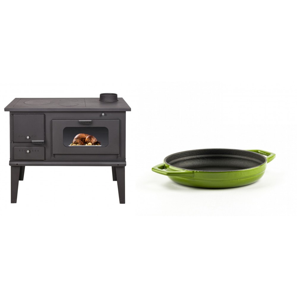 Set Küchenofen / Küchenhexe mit Backofen und Kochplatte Balkan Energy, Modell 4014, Leistung 7.9kW + Emaillierte gusseisenpfanne mit zwei Griffen Solagio, Bamboo, Ф16cm | Kaminofen - Holzofen mit Backfach | Kaminofen |