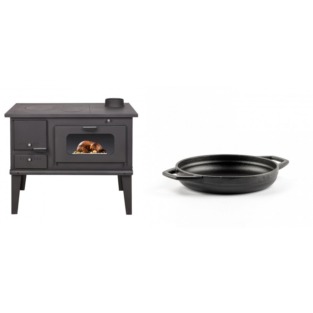 Set Küchenofen / Küchenhexe mit Backofen und Kochplatte Balkan Energy, Modell 4014, Leistung 7.9kW + Emaillierte gusseisenpfanne mit zwei Griffen Solagio, Black Onyx, Ф16cm | Kaminofen - Holzofen mit Backfach | Kaminofen |