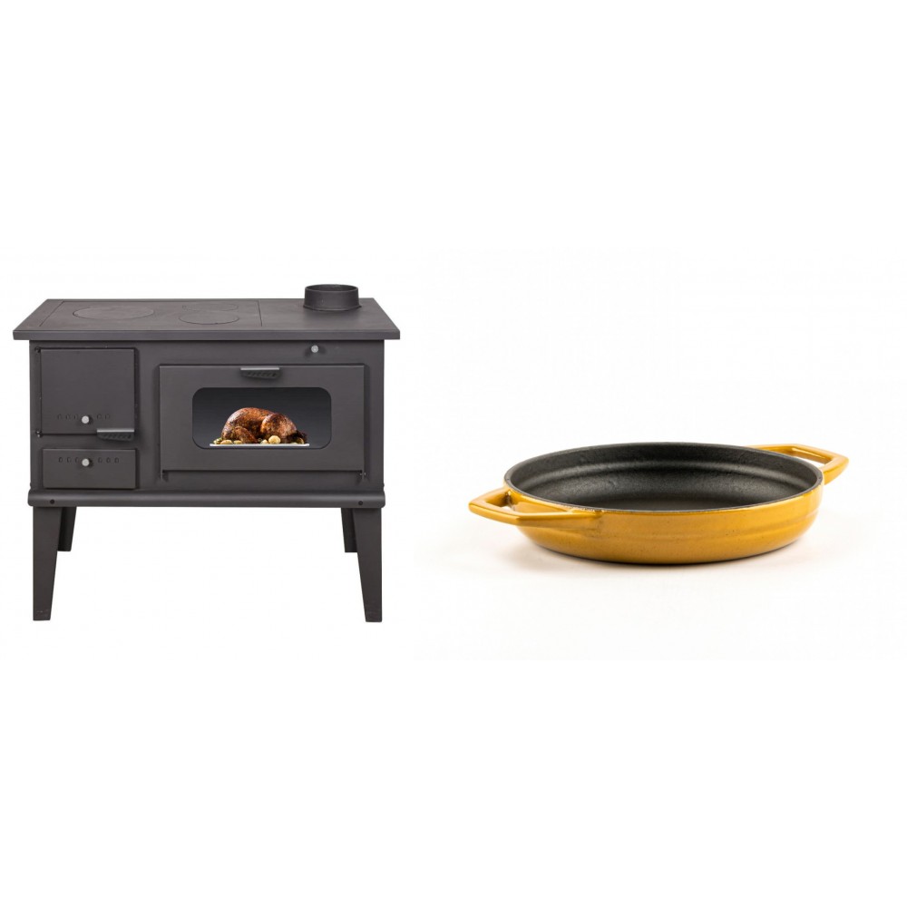 Set Küchenofen / Küchenhexe mit Backofen und Kochplatte Balkan Energy, Modell 4014, Leistung 7.9kW + Emaillierte gusseisenpfanne mit zwei Griffen Solagio, Dijon, Ф16cm | Kaminofen - Holzofen mit Backfach | Kaminofen |