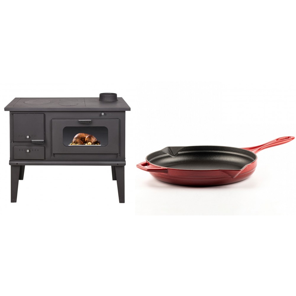 Set Küchenofen / Küchenhexe mit Backofen und Kochplatte Balkan Energy, Modell 4014, Leistung 7.9kW + Emaillierte Gusseisenpfanne Solagio, Rubin, Ф28cm | Kaminofen - Holzofen mit Backfach | Kaminofen |