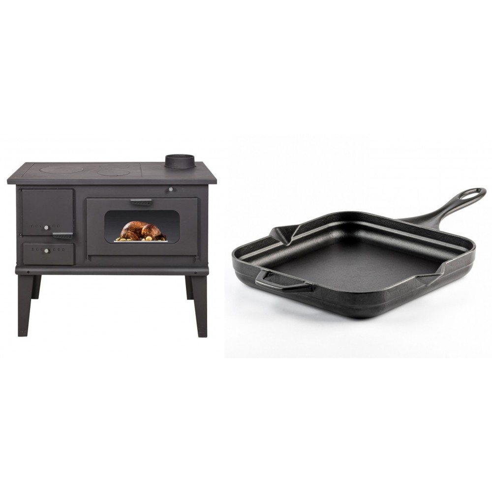 Set Küchenofen / Küchenhexe mit Backofen und Kochplatte Balkan Energy, Modell 4014, Leistung 7.9kW + Emaillierte Gusseisenpfanne Solagio, Black Onyx, 28x28cm | Kaminofen - Holzofen mit Backfach | Kaminofen |