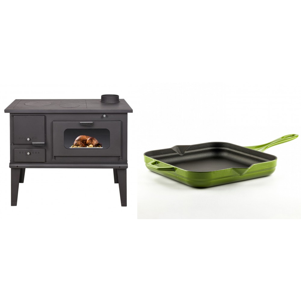 Set Küchenofen / Küchenhexe mit Backofen und Kochplatte Balkan Energy, Modell 4014, Leistung 7.9kW + Emaillierte Gusseisenpfanne Solagio, Bamboo, 28x28cm | Kaminofen - Holzofen mit Backfach | Kaminofen |