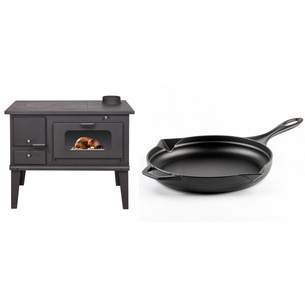 Set Küchenofen / Küchenhexe mit Backofen und Kochplatte Balkan Energy, Modell 4014, Leistung 7.9kW + Emaillierte Gusseisenpfanne Solagio, Black Onyx, Ф28cm | Kaminofen - Holzofen mit Backfach | Kaminofen |