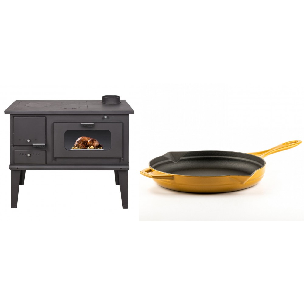 Set Küchenofen / Küchenhexe mit Backofen und Kochplatte Balkan Energy, Modell 4014, Leistung 7.9kW + Emaillierte Gusseisenpfanne Solagio, Dijon, Ф28cm | Kaminofen - Holzofen mit Backfach | Kaminofen |