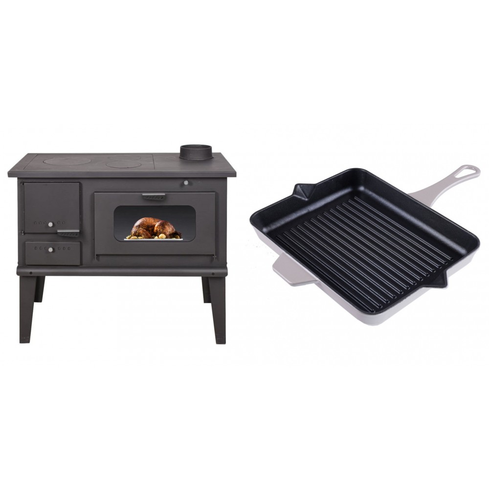 Set Küchenofen / Küchenhexe mit Backofen und Kochplatte Balkan Energy, Modell 4014, Leistung 7.9kW + Emaillierte grillpfanne Gusseisen Solagio, Ivory, 26x32cm