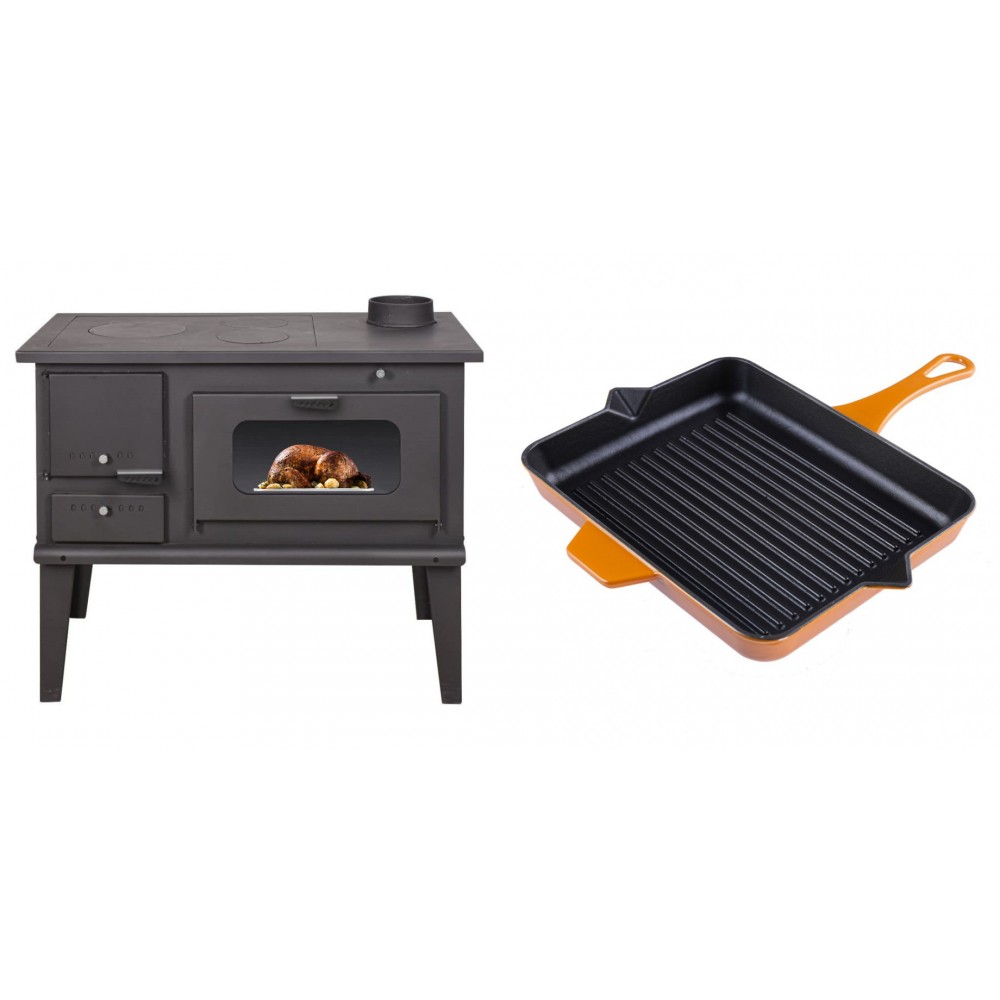 Set Küchenofen / Küchenhexe mit Backofen und Kochplatte Balkan Energy, Modell 4014, Leistung 7.9kW + Emaillierte grillpfanne Gusseisen Solagio, Dijon, 26x32cm