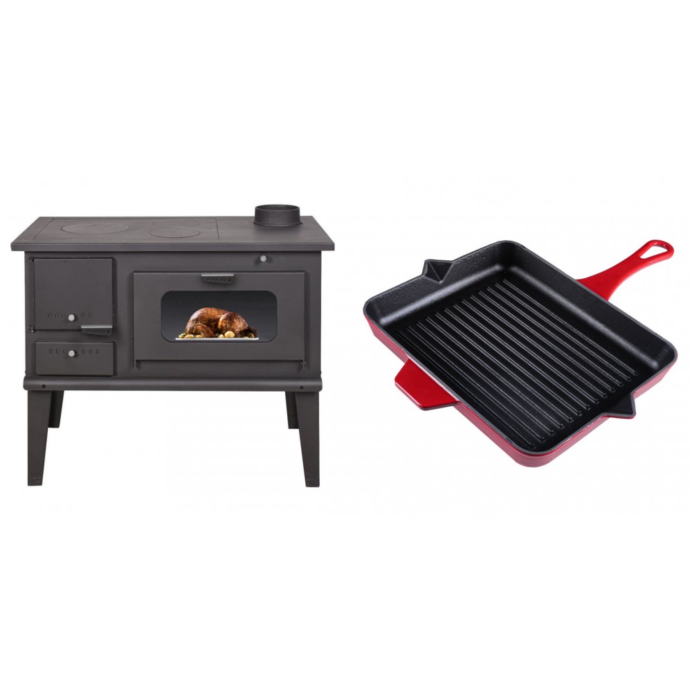 Set Küchenofen / Küchenhexe mit Backofen und Kochplatte Balkan Energy, Modell 4014, Leistung 7.9kW + Emaillierte grillpfanne Gusseisen Solagio, Rubin, 26x32cm | Kaminofen - Holzofen mit Backfach | Kaminofen |
