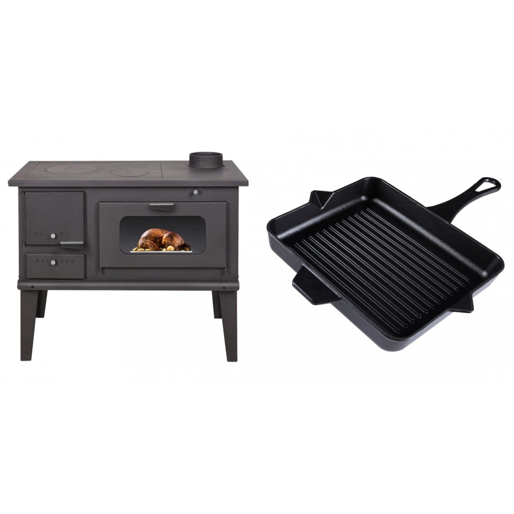 Set Küchenofen / Küchenhexe mit Backofen und Kochplatte Balkan Energy, Modell 4014, Leistung 7.9kW + Emaillierte grillpfanne Gusseisen Solagio, Black Onyx, 26x32cm