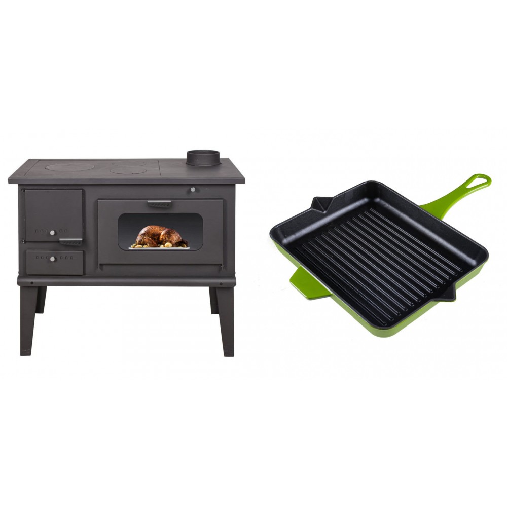 Set Küchenofen / Küchenhexe mit Backofen und Kochplatte Balkan Energy, Modell 4014, Leistung 7.9kW + Emaillierte grillpfanne Gusseisen Solagio, Bamboo, 26x32cm