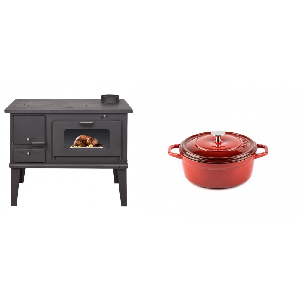 Set Küchenofen / Küchenhexe mit Backofen und Kochplatte Balkan Energy, Modell 4014, Leistung 7.9kW + Gusseisen Topf Tiefer Solagio, Rubin, Ф12