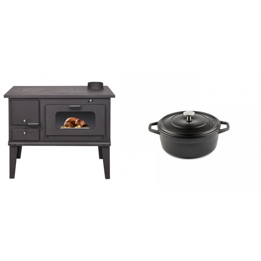 Set Küchenofen / Küchenhexe mit Backofen und Kochplatte Balkan Energy, Modell 4014, Leistung 7.9kW + Gusseisen Topf Tiefer Solagio, Black Onyx, Ф12