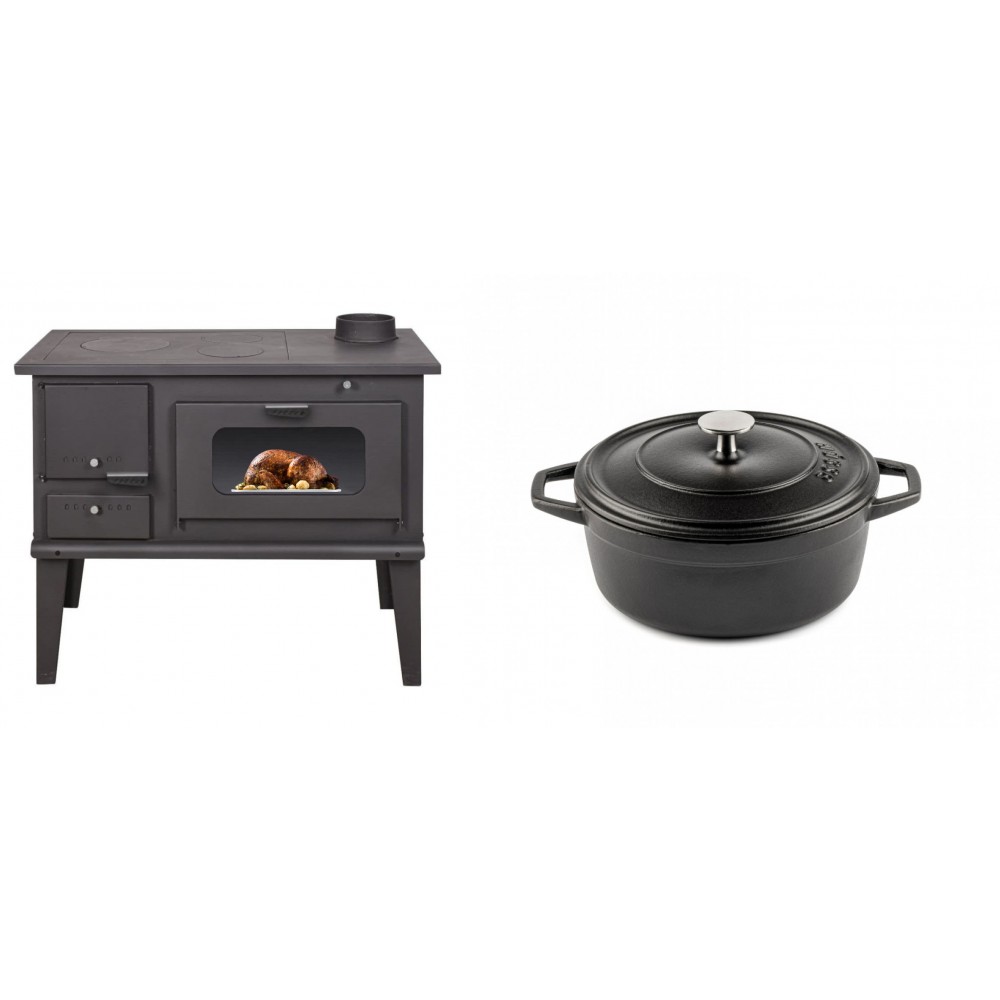 Set Küchenofen / Küchenhexe mit Backofen und Kochplatte Balkan Energy, Modell 4014, Leistung 7.9kW + Gusseisen Topf Tiefer Solagio, Black Onyx, Ф20 | Kaminofen - Holzofen mit Backfach | Kaminofen |