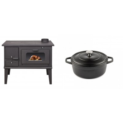 Set Küchenofen / Küchenhexe mit Backofen und Kochplatte Balkan Energy, Modell 4014, Leistung 7.9kW + Gusseisen Topf Tiefer Solagio, Black Onyx, Ф20 - Balkan Energy