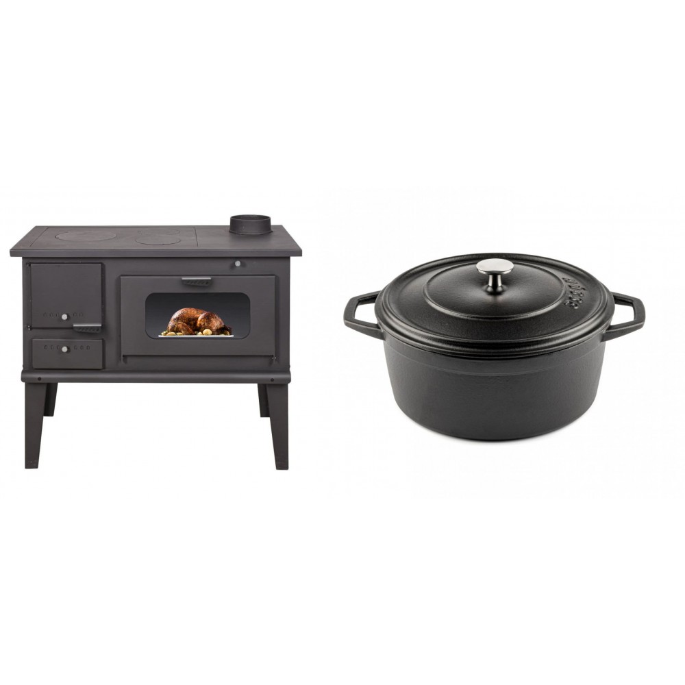 Set Küchenofen / Küchenhexe mit Backofen und Kochplatte Balkan Energy, Modell 4014, Leistung 7.9kW + Gusseisen Topf Tiefer Solagio, Black Onyx, Ф24 | Kaminofen - Holzofen mit Backfach | Kaminofen |